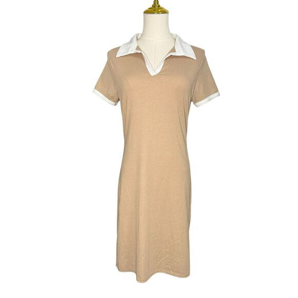 Livi by Olivia Rae Women’s Large Knit Midi Dress Tan Collared Ribbed Preppy NEW - Picture 1 of 6